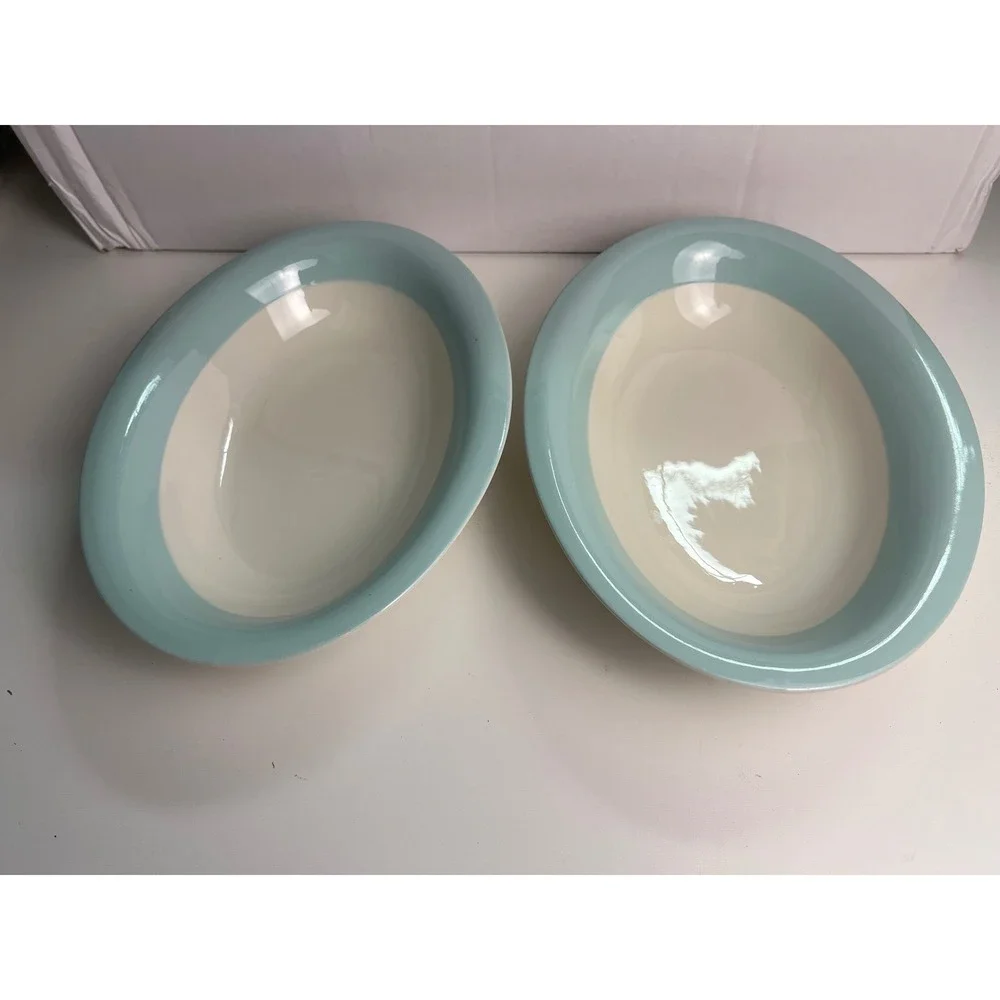 2 Oval Serving Platters Light Blue Cream Ceramic‎ Oval Serving Dish Unbranded